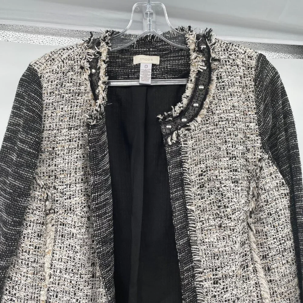Chico's Womens Woven Open Front Jacket Frayed Multicolor Size Small Studded
